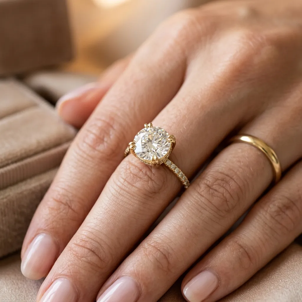 Imagen macro de las puntas de un anillo de oro de 14k que sostienen un diamante, lo que demuestra su durabilidad